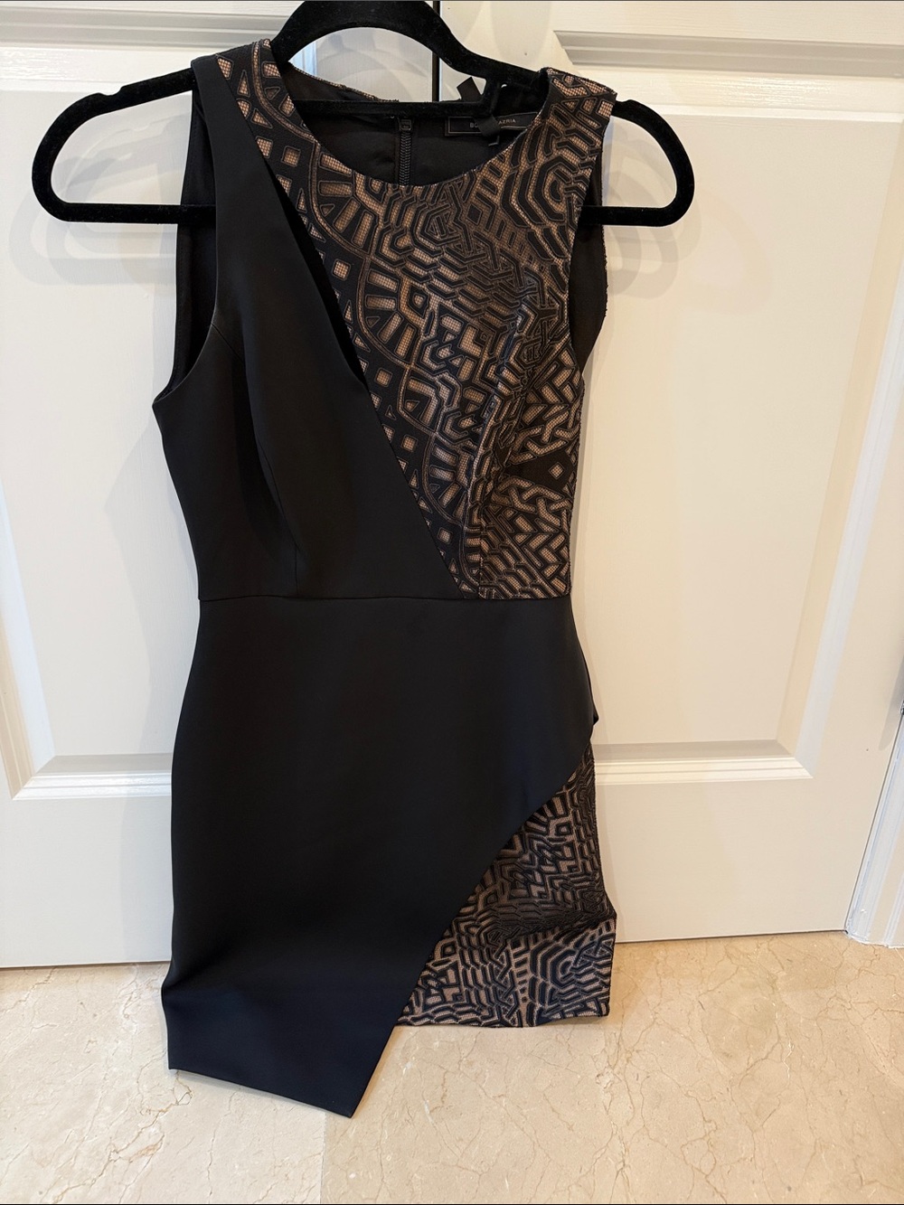 BCBGMaxAzria Black and Taupe Geometric Asymmetric Sheath Dress